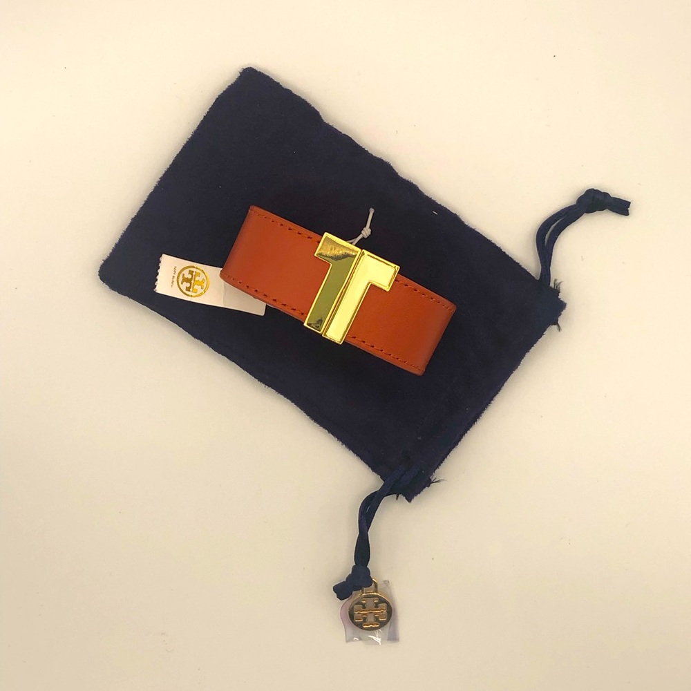 TORY BURCH ORANGE SPLIT T LEATHER BRACELET